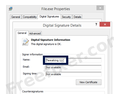 Screenshot of the Tweaking LLC certificate